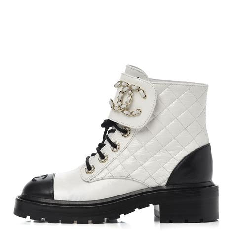 CHANEL Fabric Lace Up Combat Boots 38.5 White